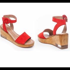 Bernardo Kate Platform Wedge Sandal Suede Red Wooden Wedge Platform Sandals Tomato Split Color Size 7 New Red Ankle Strap Wedge Sandals With Removable Insole, Summer Wedge Sandals With Red Sole And Ankle Strap, Beach Wedge Sandals With Red Sole And Round Toe, Summer Ankle Strap Wedge Sandals With Red Sole, Red Platform Sandals For Summer, Red Open Toe Summer Wedge Sandals, Red Open Toe Wedge Sandals For Summer, Beach-ready Closed Toe Wedge Sandals With Red Sole, Summer Red Open Toe Wedge Sandals