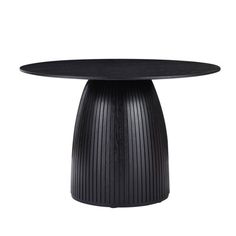 a black table with an oval top on a white background and the base is made out of wood