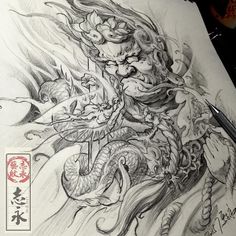 a pencil drawing of a dragon attacking a demon with two heads on it's back