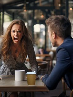 a man and woman sitting at a table with cups in front of them, yelling