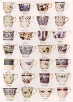 a large collection of coffee cups and saucers in various designs, sizes and colors