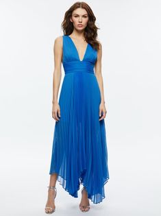 Adrianna Pleated Maxi Dress In French Blue | Alice + Olivia Spring Uniform, Beach Wedding Guest, Beach Wedding Guests, Destination Beach Wedding, Beach Wedding Guest Dress, French Dress, Beach Destination Wedding, Alice And Olivia, Pleated Maxi Dress