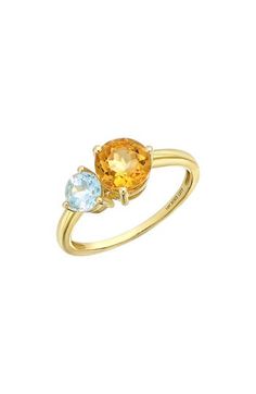 Two prong-set semiprecious stones bring vibrant sparkle to the center of this handcrafted 14-karat-gold ring and adds rich color to any stack. 1/2"W x 1/4"L setting Total stone weight: 1.43ct. 14k gold/blue topaz and peridot, blue topaz and citrine or blue topaz Imported Fine Jewelry Topaz Birthstone Gemstones, Round Gold Gemstones Fine Jewelry, Yellow Multi-stone Sapphire Ring, Fine Jewelry Yellow Gold Round Cut Gemstones, Yellow Multi-stone Round Gemstones, Luxury Yellow Gold Topaz Ring With Gemstone Accents, Elegant Multi-stone Topaz Ring In 14k Gold, 14k Gold Round Gemstones For Fine Jewelry, 14k Gold Round Gemstones Fine Jewelry