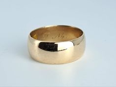 "Beautiful Victorian era 14K wide gold band by JR Wood, the Victorian-Art Deco era jeweler known for the best of fine jewelry. This band has a very high quality feel, with soft rounded edges and a beautiful vintage patina. Measures 7.2mm north to south and in excellent condition with all marks clearly legible. The in-out measurement is 1.2mm. Ring size 7 and easily sized up or down several sizes with all marks preserved.  Please allow two weeks for sizing. One month layaway payment plans on items $500 and over only.  Approximate Age - Victorian Gemstone(s) -  Metal - solid 14K yellow gold Weight - 5.78 grams Ring size - 7 Marks - 14K and JR Wood marks, Victorian era engraving Makers Mark - present Comments -  Service & Sizing Information: If you require ring sizing or service, kindly follo Formal 14k Stamped Wide Band Ring, Vintage Wide Band Jewelry For Formal Occasions, Gold Engraved Wide Band Ring For Formal Occasions, Antique Wide Band Jewelry For Formal Occasions, Heirloom Wide Band Yellow Gold Jewelry, Vintage Thick Band Hallmarked Jewelry, Gold Engraved Ring For Formal Occasions, Yellow Gold Engraved Wide Band Ring For Formal Occasions, Formal Gold Engraved Wide Band Ring