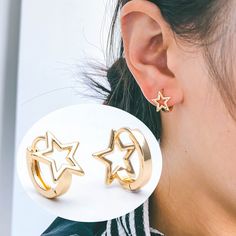 High quality 18K real gold plated brass earring hooks, color not easily tarnish, lead nickel free Size: 12x12x11mm approx. Quantity: 10pcs Color: gold  Material: 18K gold plated on brass ❤ More gold plated brass items here: ❤ https://www.etsy.com/shop/Nbeads?search_query=GB ❤ More metal findings(brass, silver, alloy etc.) here: ❤ https://www.etsy.com/shop/Nbeads?section_id=6656259 Trendy Gold Cartilage Earrings With Ear Wire, Gold Star-shaped Hoop Earrings, Gold Plated Star-shaped Hoop Earrings, Gold Plated Star Shaped Hoop Earrings, Minimalist Gold Star Earrings, Gold Star-shaped Minimalist Earrings, Minimalist Star-shaped Hoop Earrings, Gold Star-shaped Huggie Earrings, Gold Star-shaped Metal Hoop Earrings