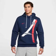 Nike 2024-25 PSG Men's Dri-Fit Pullover Hoodie (Model - Front) Nike Sports Sweatshirt With Drawstring Hood, Nike Sweatshirt With Drawstring Hood For Sports, Nike Sporty Hoodie For Sports, Nike Sportswear Hoodie For Sports Season, Nike Sporty Hoodie For Sports Season, Navy Sports Hoodie For Winter, Sportswear Team-colored Hoodie For Sports, Team-colored Sports Hoodie, Team-colored Sportswear Hoodie For Sports