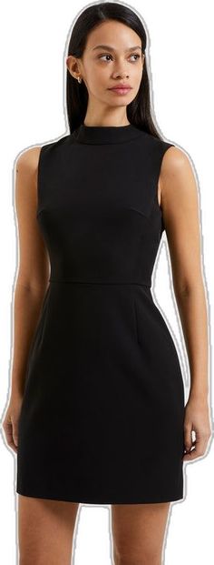 Chic Solid Color High Neck Mini Dress, Chic High Neck Solid Mini Dress, Solid Color Mini Dress With Flattering Silhouette, Sleek High Neck Mini Dress For Work, Formal High Neck Mini Dress, Chic High Neck Mini Dress, Modern Work Dress With Back Zipper, Elegant High Neck Dress With Back Zipper, Modern Sleeveless Dress For Night Out