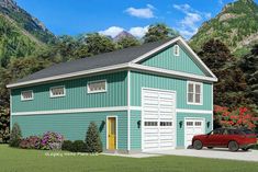 a two story garage with a red car parked in front of it and mountains in the background