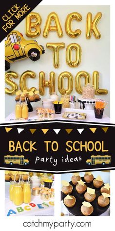 back to school party ideas with balloons and cupcakes on the table in front of them