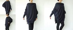 "🚚..ALL ORDERS ARE SHIPPED VIA DHL EXPRESS MAIL This batwing tunic is a very \"cool\" addition to any wardrobe! With a unique drawstrings on bottom hem of tunic provide plenty of options for changing the look. Cowl neckline, batwing sleeves with cuffed and oversized side pocket; can be worn layered over leggings, pants, or skirt for even more dramatic effects. * Pull-on style * Cowl neckline * Dropped shoulders * Long sleeves with wide ribbed cuff * Oversize side pocket * Asymmetrical hem with Blue Tunic Tops For Fall, Casual Batwing Sleeve Tunic For Fall, Blue Oversized Long Sleeve Tunic, Minimalist Clothing, Trendy Sweater, Asymmetrical Sweater, Trendy Sweaters, Cowl Neck Long Sleeve, Hem Sweater