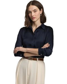 Women's LAUREN Ralph Lauren Classic Fit Satin Charmeuse Shirt | Zappos.com Timeless Office Blouse With Button Closure, Office Blouse With Hidden Button Closure, Office Button-up Blouse With Hidden Button Closure, Elegant Semi-formal Button-up Top, Elegant Button-up Office Blouse, Elegant Office Blouse With Button Closure, Elegant Long Sleeve Shirt With Back Button Closure, Formal Solid Blouse With Placket, Elegant Semi-formal Blouse With Button Closure