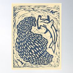 a blue and white print with an image of a man falling into the water poster