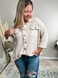 Shackets are a classic staple, and we love the cozy waffle knit texture that sets this one apart! A versatile layering piece that can be styled so many ways - our "Talulah" Acid Wash Shacket is an instant "ADD TO CART!"Button it up to wear as an oversized shirt, or leave it open for layering over a basic top or statement graphic tee!- High-low hem- Front button closure- Functional pocketsFits oversized; Bethany is 5'4" 175lb and wearing a L/XL in photosPaired with our Raelynn Slim Straight Jeans Ribbed Button-up Outerwear For Layering, Cozy Button-up Top For Everyday, Ribbed Button-up Outerwear For Fall, Ribbed Button-up Fall Outerwear, Casual Textured Knit Outerwear For Everyday, Everyday Ribbed Outerwear With Relaxed Fit, Everyday Long Sleeve Ribbed Outerwear, Everyday Ribbed Long Sleeve Outerwear, Ribbed Long Sleeve Outerwear For Everyday