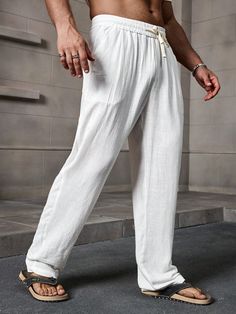 Men Elastic Waist Linen White Pants ,Men's Mature Casual Vacation Everyday White Linen Pants White Casual   Linen Plain Straight Leg Non-Stretch  Men Clothing, size features are:Bust: ,Length: ,Sleeve Length: Mens White Linen Pants, Linen White Pants, Men’s Linen Outfit Pants, Luxury Men's Linen Pants, Men’s White Linen Pants Outfit, Linen Pants For Men, Men’s White Linen Shorts Outfit, White Pants Men, Mens Linen Pants