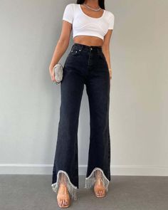 High-Waisted Straight Leg Tassel-Trimmed Hem Jeans Xmas Dress, Hem Jeans, Woolen Coat, Sweater Sale, Maxi Dress Party, Dress Size Chart, Dress And Heels, Knit Skirt, Two Piece Dress