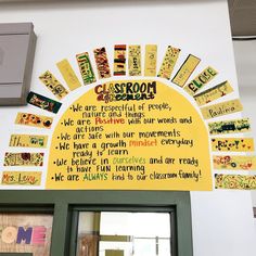 a classroom bulletin board on the wall in front of an open door with words written below it