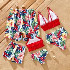 Introducing our Family Swimsuit adorned with Beautiful Flowers! Elevate your family's beach style with our matching red swimsuits decorated with vibrant flowers. Made from a blend of polyester and spandex, these swimsuits are not only stylish but also comfortable for a day of fun in the sun. Key Features: Each set includes a one-piece swimsuit or swim trunks for every family member, ensuring a coordinated and stylish look. Additionally, choose from our selection of swim cover-ups available in bo Playful Sets For Pool And Beach Season, Playful Pool Sets For Beach Season, Summer Style Red Swim Trunks For Poolside, Red Summer Swim Trunks For Poolside, Summer Red Swim Trunks For Poolside, Red Swimwear For Pool Vacation, Red Tropical Swimwear For Poolside, Printed Sets For Pool And Beach Season, Summer Red Floral Print Sets