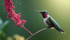 a hummingbird perches on a pink flower