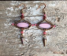 Bohemian Teardrop Pink Earrings, Whimsical Pink Beaded Earrings, Handmade Pink Czech Glass Jewelry, Pink Teardrop Bohemian Jewelry, Bohemian Pink Teardrop Jewelry, Bohemian Pink Wire Wrapped Beaded Earrings, Pink Bohemian Jewelry With Ear Wire, Pink Teardrop Earrings For Festival, Bohemian Pink Jewelry With Ear Wire