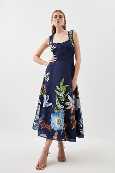 Botanical Embroidery Organdie Strappy Midi Dress | Karen Millen Elegant Sleeveless Embroidered Summer Dress, Blue Floral Print Midi Dress With Straight Neckline, Blue Midi Dress With Floral Print And Straight Neckline, Brunch Sundress With Fitted Bodice, Midi Length, Midi Sundress With Fitted Bodice For Brunch, Midi Length Sundress With Fitted Bodice For Brunch, Brunch Sundress With Square Neck, Square Neck Sundress For Brunch, Elegant Square Neck Midi Dress For Beach