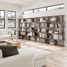 a living room filled with white furniture and lots of bookshelves on the wall