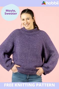 a woman wearing a purple sweater with her hands on her hips and the text free knitting pattern