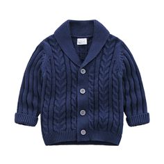 a child's blue cardigan sweater with buttons on the front and sleeves,