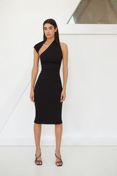 Black One-Shoulder Dress - Manhattan Sleeveless Midi Dress | Marcella Dress Below The Knee, Black Sleeveless Midi Dress, Black One Shoulder Dress, Black Backless Dress, Midi Pencil Dress, Dress One Shoulder, Sleeveless Midi Dress, Dress Midi, Knit Midi