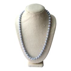 Chalcedony Quartz Bead Necklace | Chairish Blue Beaded Chalcedony Necklace, Adjustable Light Blue Gemstone Beaded Necklace, Blue Chalcedony Bead Necklaces, Blue Chalcedony Round Beads Necklace, Light Blue Single Strand Necklace With Round Beads, Light Blue Necklace With Large Round Beads, Light Blue Necklaces With Large Round Beads, Light Blue Polished Round Beaded Necklaces, Light Blue Polished Beads Necklace