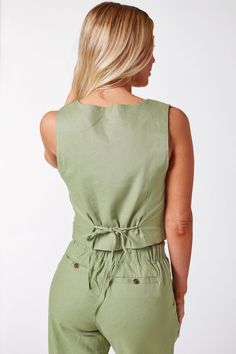 Shop Priceless | Kiva | Sage | Linen | Vest Sleeveless Tie Waist Top For Day Out, Sleeveless Top With Tie Waist For Day Out, Sleeveless Tops With Drawstring Tie, Fitted Sleeveless Top With Drawstring Tie, Chic Sleeveless Top With Tie Waist, Elegant Sleeveless Tops With Tie Waist, Spring Sleeveless Top With Tie Waist, Sleeveless Tie Waist Top For Spring, Sleeveless Tops With Tie Waist For Spring