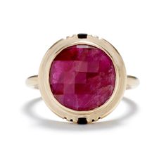 Most rubies on the market have been heat treated to remove their crystal inclusions and to alter the color by allowing more light to pass through. We're using untreated rubies in these rings. While traditional treated rubies are beautiful, we think the inclusions and color variations found in these natural rubies retains a uniqueness and a connection to the beauty of the earth that is missing in heat treated stones. Due to Mother Nature’s whims, each ring’s stone will be unique. A range of examp Ruby Rings With Diamond Cut In Round Band, Yellow Gold Ruby Ring With Tourmaline Center Stone, Ruby Ring With Diamond Cut, Ruby Ring With Diamond Cut Round Band, Round Pink Sapphire Rings With Diamond Cut, 14k Gold Faceted Sapphire Ring, Faceted Sapphire Ring In 14k Gold, Ruby Rings With Diamond Cut, Round Ruby Rings With Diamond Cut