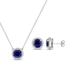 This exquisite gift set is styled in sterling silver and features a matching necklace and pair of earrings. A vibrant round-cut blue lab-created sapphire adorns each piece, haloed by sparkling round-cut white lab-created sapphires. The pendant suspends from an 18-inch cable chain and the earrings secure with friction backs. Lab-created Sapphire Jewelry With Halo Design, Formal Jewelry With Halo Design And Lab-created Sapphire, Elegant Blue Jewelry With Halo Design, Classic Blue Halo Design Jewelry, Formal Sapphire Jewelry With Halo Detail, Formal Sapphire Jewelry With Halo, Formal Sapphire Halo Jewelry, Sapphire Halo Design Jewelry With Lab-created Sapphire, Sapphire Jewelry With Halo Design