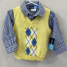 Great Guy Plaid Button Down And Vest Combo - 24 Months New With Tags - Blue And White Plaid Button Down Shirt - Separate Yellow And Blue Vest - Originally A 3 Piece Set - Being Sold With Only The 2 Piece Shirt And Vest Combo New And Never Worn - Smoke Free Home! Yellow Fitted School Top, Yellow Fitted Tops For School, Fitted Yellow Tops For Playtime, Guy Shirts, Pink Flannel, Blue Vest, Kids Fleece, Blue Vests, Girls Cardigan