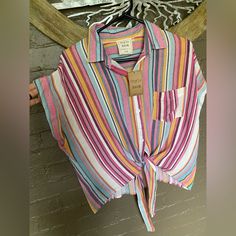 New With Tags, Light Beachy Stylesoft Cropped Sleeve Button Down Striped Shirt With Tie Knot Bottom..Smoke Free Home! Cotton Tops With Buttons For Beach Season, Multicolor Collared Tops For Beach Season, Striped Collared Blouse For Beach, Beach Tops With Button Closure, Striped Collared Blouse For The Beach, Summer Beach Tops With Buttons, Multicolor Beach Shirt With Button Closure, Striped Collared Beach Top, Multicolor Button Closure Beach Shirt