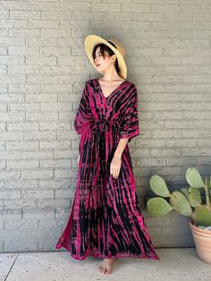 Shop Tie Dye Kaftan Dress - Maxi Summer Dress from Coco De Chom ? Bohemian Tie Waist Kaftan For Summer, Bohemian Summer Kaftan With Tie Waist, Summer Beach Kaftan With Tie Waist, Summer Kaftan With Tie Waist As Beach Cover-up, Vacation V-neck Kaftan With Tie Waist, Pink V-neck Kaftan For Summer, Beach Season V-neck Tie Waist Maxi Dress, Bohemian V-neck Kaftan With Tie Waist, V-neck Maxi Dress With Tie Waist For Beach Season