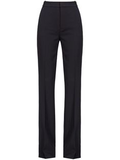 black crepe texture high-rise flared hem front button and zip fastening belt loops slip pockets to the sides Crepe Trousers, Yoko London, City Dress, Bell Bottom Pants, Iconic Bags, Summer Beach Wear, Ballet Flat Shoes, Ski Wear, Lady Dior