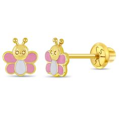 A beautiful pair of unique butterfly earrings that was specially crafted with your little girls style and comfort in mind. Made from 14k yellow gold and with sweet pink and white enamel details, this delicate pair of earrings are ideal for a toddler girl. These screw back earrings for toddlers make a thoughtful gift for birthdays or any other special occasion. These earrings also features safety screw backs, making them suitable for children with sensitive skin. Gift box included. Age Group: Lovely for Toddlers & Little Girls; Safe for Sensitive Skin Material: 14k Yellow Gold Earring Size: 7mm x 6mm butterfly, (pink & white) enamel; 7mm Threaded earring post Color: Pink & White Enamel Metal Stamp: 14k Gift Box Included Child Safe Earring Backs, Baby Girl Earrings, Pink Butterfly Earrings For Summer, Cute Pink Butterfly Earrings, Whimsical Pink Enamel Earrings, Teen Necklaces, Teen Earrings, Unique Butterfly, Baby Necklace