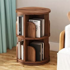 a wooden shelf with books and magazines on it