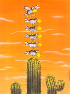 an image of birds on top of a cactus in the sky with other birds flying over it