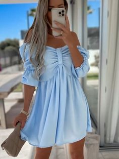 Women's Lantern Half Sleeve Mini Dress Sexy Off Shoulder Bow A-line Dress Summer Casual Black Beach Dresses for Women Vestidos Non-stretch A-line Mini Dress For Beach, A-line Beach Mini Dress, Solid Color Summer Mini Dress For Date Night, Solid Summer Mini Dress For Date Night, Summer Mini Dress In Solid Color, Solid Color Mini Sundress For Brunch, Brunch Mini Dress In Solid Color, Flirty A-line Flowy Mini Dress, Flowy Solid Color Mini Dress For Summer