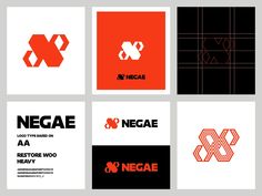 four different logos and business cards designed for negae, which is also used as an appliance