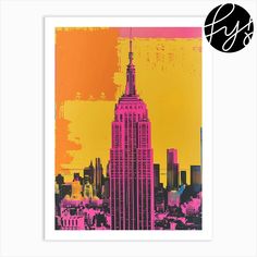 an art print of the empire building in new york city, ny on yellow and pink