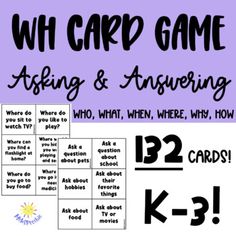 a purple poster with words and pictures on it that says, who card game asking & answering?