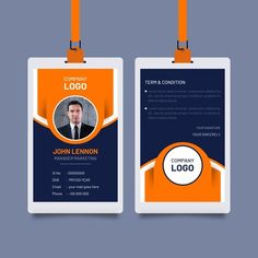 two id cards with orange and blue accents