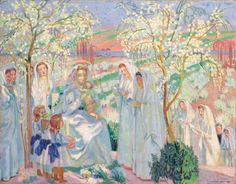 an image of a painting of women and children in the park with flowers around them