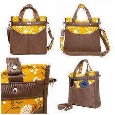 four different purses with yellow and brown flowers on the front, one has a cell phone in it