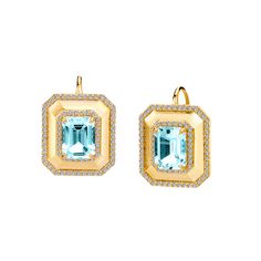 Gemstone & Diamond Octa Earrings Luxury Yellow Gold Diamond Earrings With Gemstones, Formal Blue Topaz Diamond Earrings Fine Jewelry, Formal Blue Topaz Diamond Earrings, Luxury 14k Gold Earrings With Gemstone Accents, Luxury Yellow Gold Topaz Earrings, Luxury Topaz Earrings For Formal Occasions, Octagon Yellow Gold Jewelry With Gemstone Accents, Luxury Blue Topaz Drop Earrings, 14k Gold Diamond Gemstone Earrings