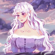 a woman with long white hair standing in front of the sky and clouds, wearing a purple dress