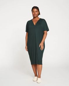 Teresa Liquid Jersey V—Neck Dress - Forest Green | Universal Standard Relaxed Fit V-neck Midi Dress, V-neck Relaxed Fit Dress For Daywear, Relaxed Fit V-neck Dresses For Daywear, Relaxed Fit V-neck Dress For Work, Chic Green Relaxed Fit Dress, Green V-neck Relaxed Fit Midi Dress, Green V-neck Midi Dress With Relaxed Fit, Green Relaxed Fit V-neck Midi Dress, V-neck Relaxed Fit Maxi Dress For Work