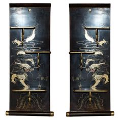 Royal House Antiques Royal House Antiques is delighted to offer for sale this stunning pair of original Chinese Export gilt and lacquered folding shelves with Chinoiserie Dragon paintings A very good looking well made and decorative pair of shelves, they are stamped to the rear with the makers mark, the finish is absolutely sublime They are stamped to the rear MADE IN CHINA FOOCHOW GINGHWAI AC VERWARE CO The condition is period perfect, they have some light age and use related transport and stor Original Georgian Chinoiserie Furniture, Chinese Wood Dragon, Vintage Hutch Chinese, Antique Chinese Furniture, Chinoiserie Decorating, Chinese Export, Royal House, Art Furniture, Makers Mark